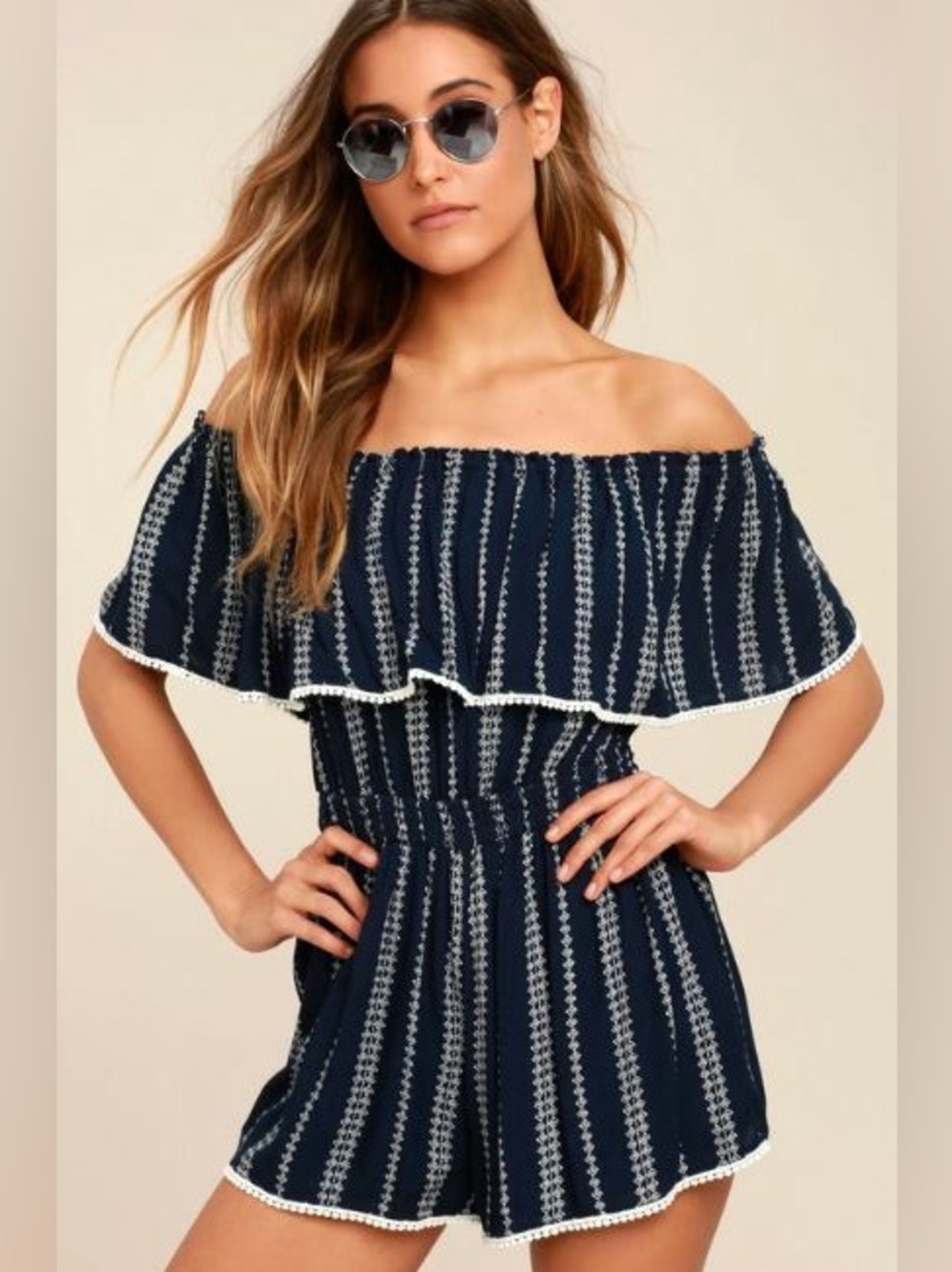 Lulus See Ya There Navy Blue Print Off-the-Shoulder Romper Women's Size Medium